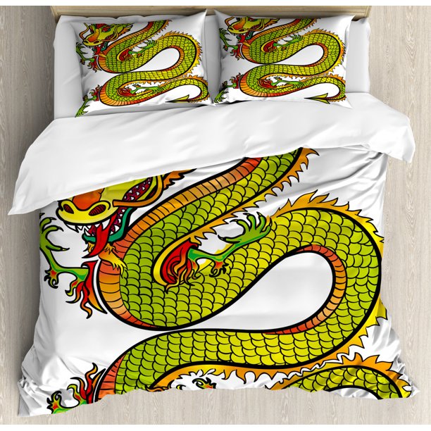 Dragon Duvet Cover Set, Japanese Old Fashion Ancient Folk Myth Creature
