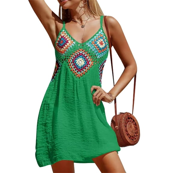 AOOOWER Women's Sleeveless Beach Dress Patchwork Crochet Cover Up V Neck Bikini Cover Up