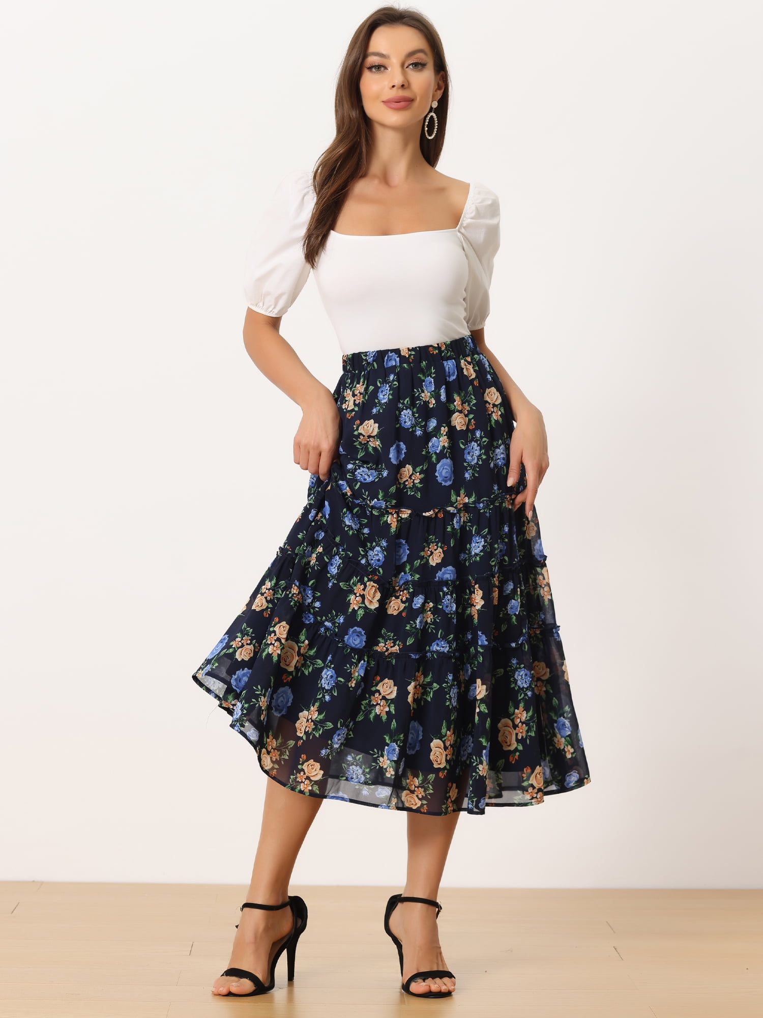 DARING DIVA Women's Chiffon Tiered A-Line Maxi Skirt M Navy