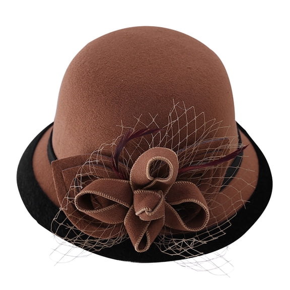 Floral Net Cloth Bucket Hat, Warm Wool Fisherman Cap, Retro Casual Headwear, Women Thick Comfortable Cold Proof Hat for Autumn Winter Outing Party Leisure Elegant Fashion Headgear,Coffee