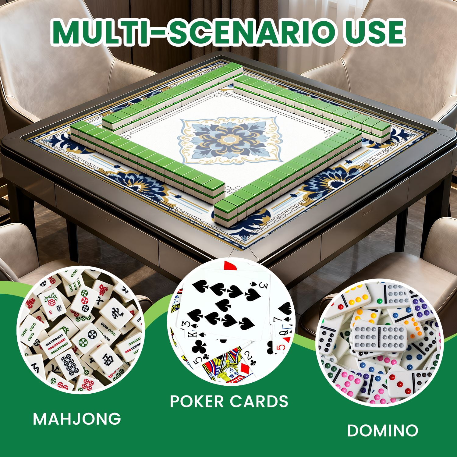 Mahjong Mat 31.5" x 31.5" Ornamental Floral Tile Blue Navy Gold Symmetrical Decorative Motifs Non-Slip Noise Reduction American Mahjong Tiles Table Cover for Dominoes Poker Card Board Games Gift