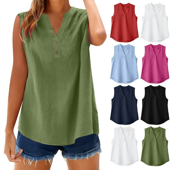 FRSASU Womens Button Cotton Linen Shirt Sleeveless V Neck Shirts Solid Color Comfy Tops Summer Casual Dressy Tunic Top White