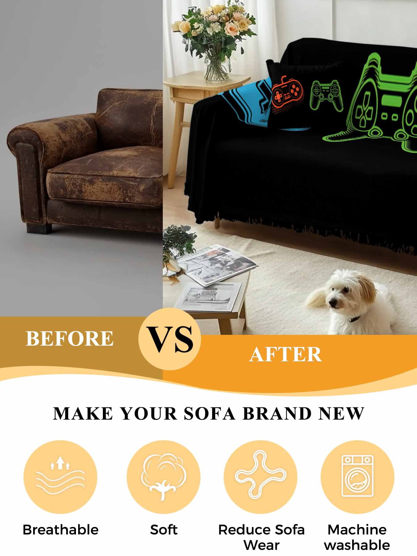 Game Controller Couch Cover, Modern Art Gaming Handheld Black Sofa Cover Blanket for Loveseat Couches, Sectional Sofa Slipcover Furniture Protector for Living Room Bedroom 71''x118''