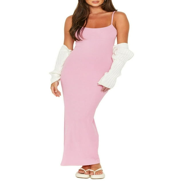 Robe Débardeur Ajustée à Bretelles Spaghetti pour Femmes Été Sans Manches Côtelée Longue