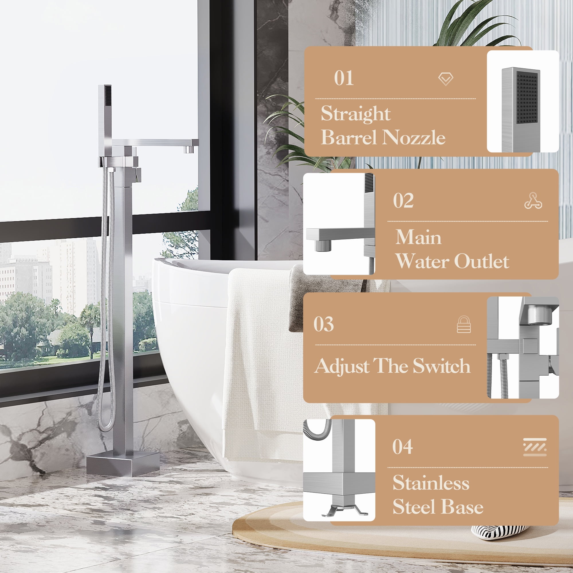 Bathtub Faucet, Floor Mount Bathtub Faucet Freestanding Tub Faucet Standing Bathtub Filler, High-Flow Bath Shower Faucet with Handheld Sprinkler