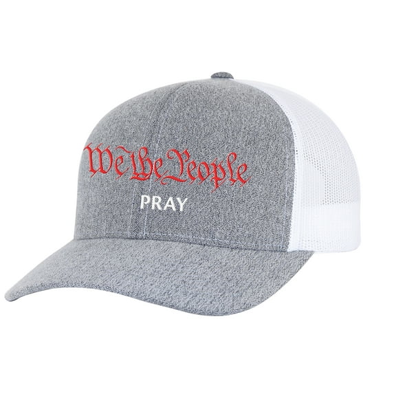 Men's We The People Pray Patriotic Christian Embroidered Mesh Back Trucker Hat, Heather Grey/White