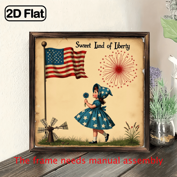 2D Flat, 1pc Sweet Land of Liberty Patriotic Rustic Wood Framed Wall Art - Vintage Farmhouse Decor with Stars Stripes Design, 8x8 Inch Home Decor for Entryway, Living Room, Kitchen - Housewarming