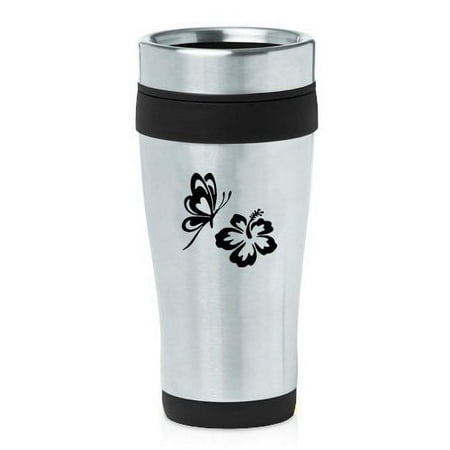 

16oz Insulated Stainless Steel Travel Mug Butterfly and Hibiscus (Black) MIP