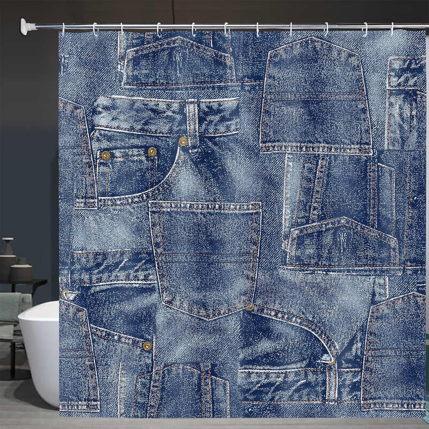 Jeans Denim Material Patchwork Real Seems Polyester Fabric Shower Curtain Sets with Hooks Waterproof Bathroom Decor