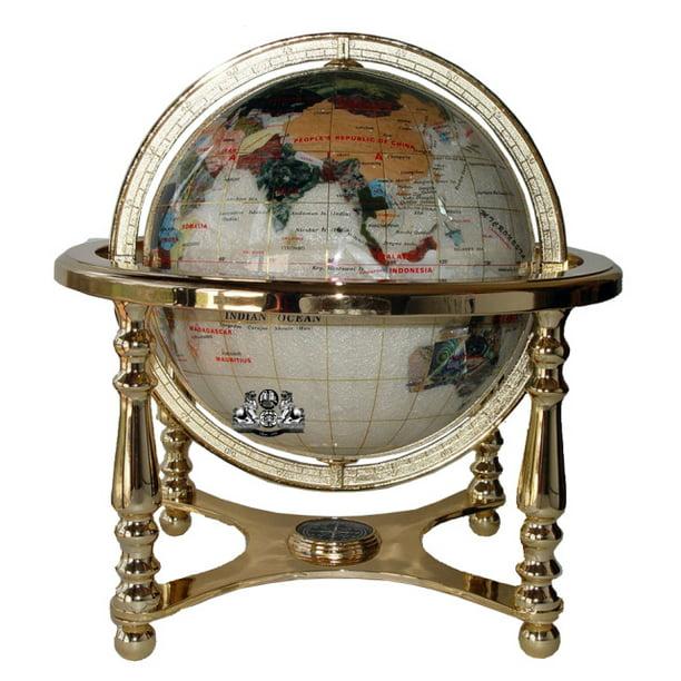 Unique Art 21-Inch Tall Pearl Swirl Ocean Table Top Gemstone World Globe  with 4 Leg Gold Stand
