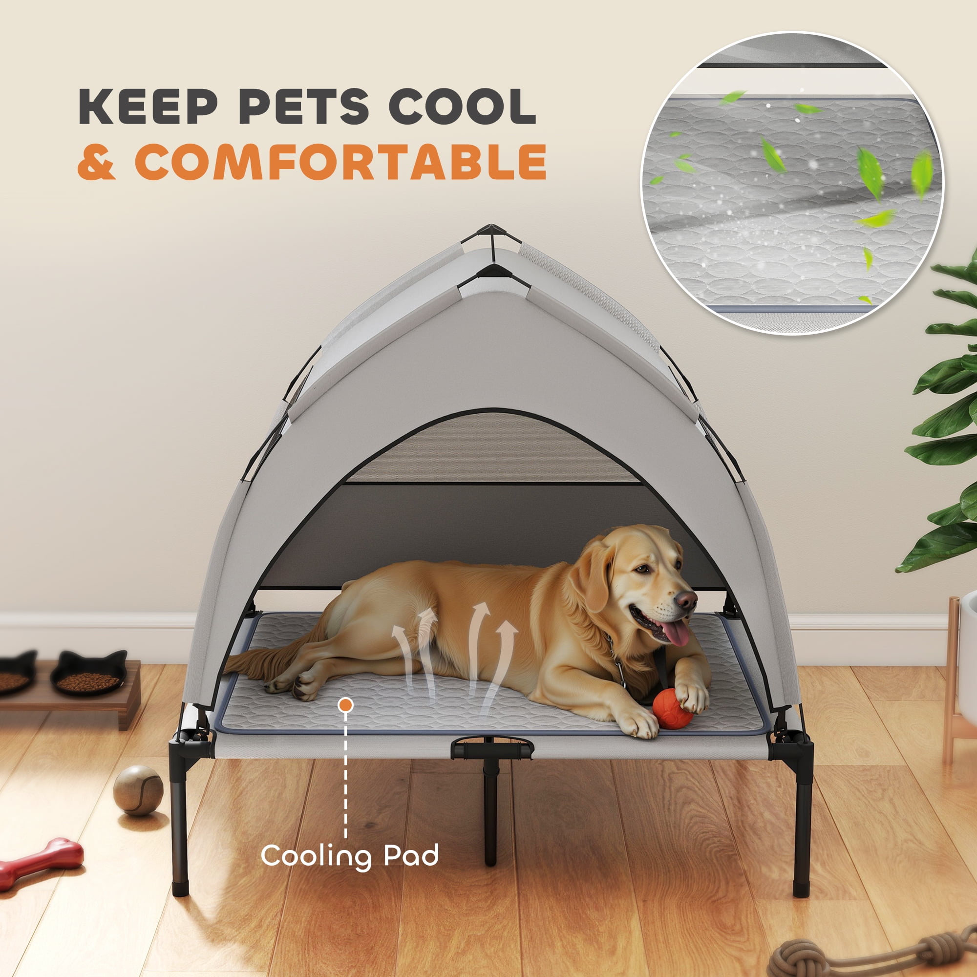 HUJHKIO Elevated Dog House with Canopy, Cooling Pad & Storage Bag, Portable Outdoor Sun Shade Shelter for Large Dogs up to 66lbs, 3-Sided Cover, Breathable Mesh, Easy Assemble Foldable Travel Pet Bed