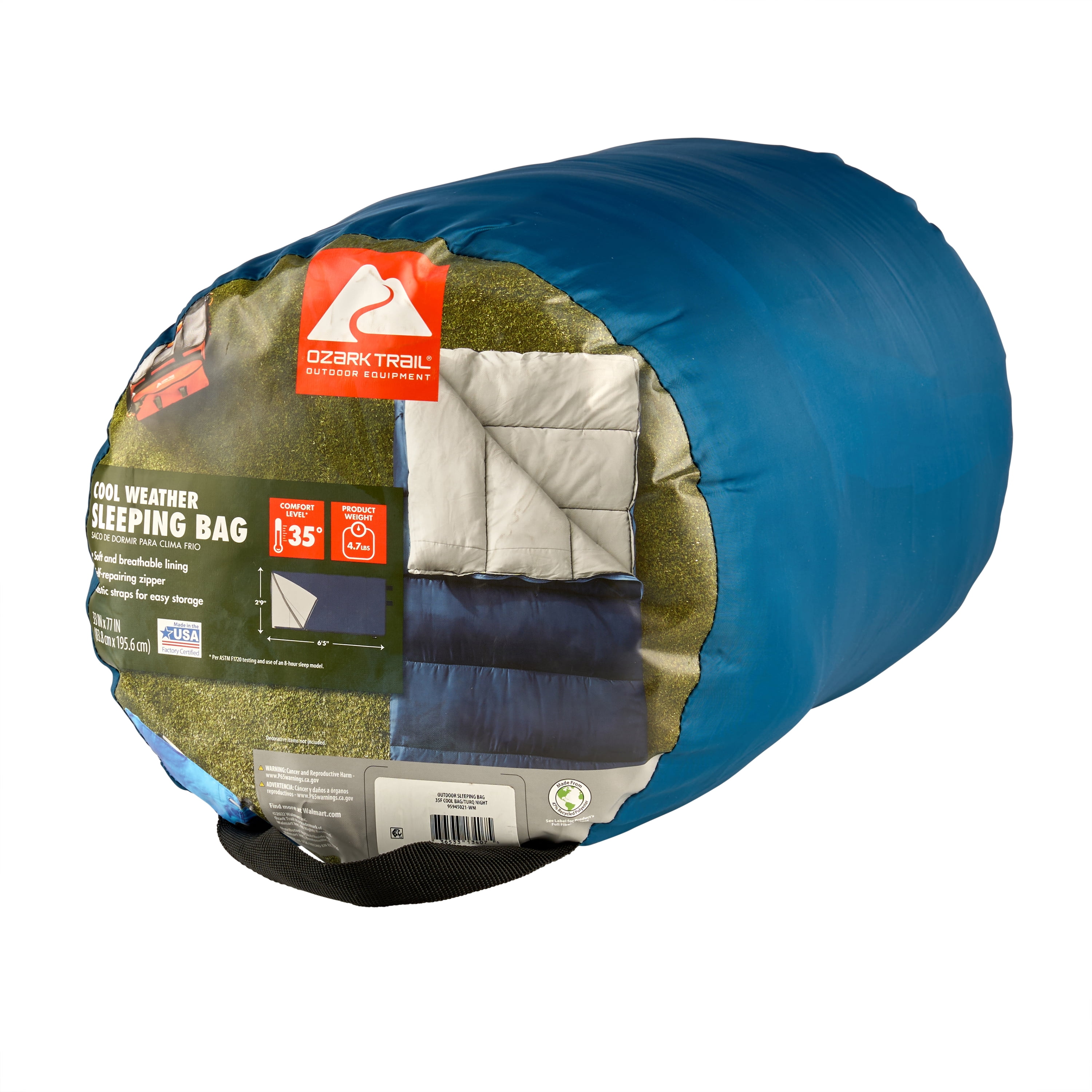 Ozark Trail 35-Degree Cool Weather Rectangular Sleeping Bag, Blue, 33x77