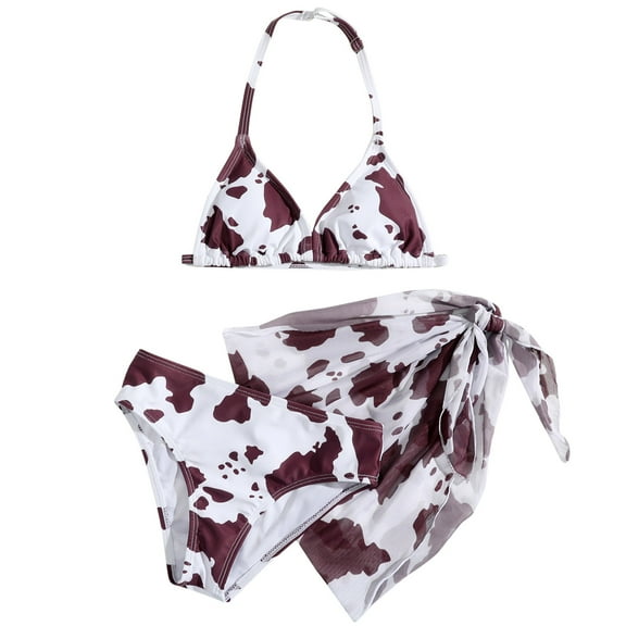 KONDYS Girls Swimsuit 2 Piece Cow Prints Halter Tops Briefs Skirts Set Beach Sports Bathing Suit for 6Y-8Y