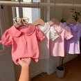 thumbnail image 4 of YunPes Kid Girls Peter Pan Collar Top Short Sleeve Solid Color Casual Basic Tee Shirt Blouse Puff Short Sleeve T-Shirt Birthday, 4 of 8