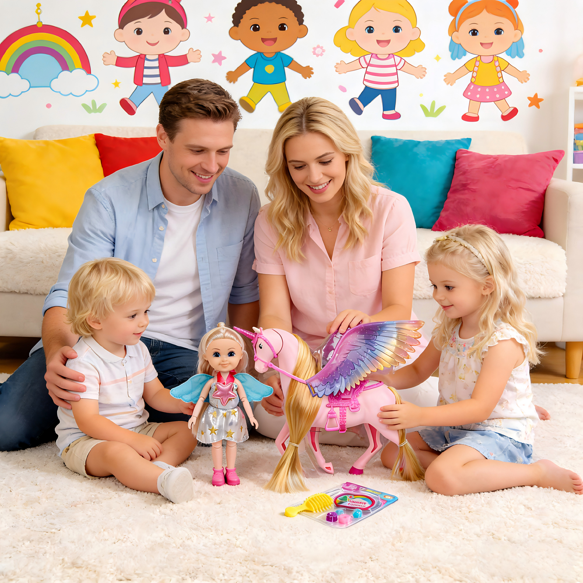 DEGIDEGI Unicorn Fantasy Doll & Pegasus Set, Rainbow Paradise Magic Princess Toy for Girls, Glitter Wings, Movable Accessories & Colorful Play Set for Girls and Boys 3+