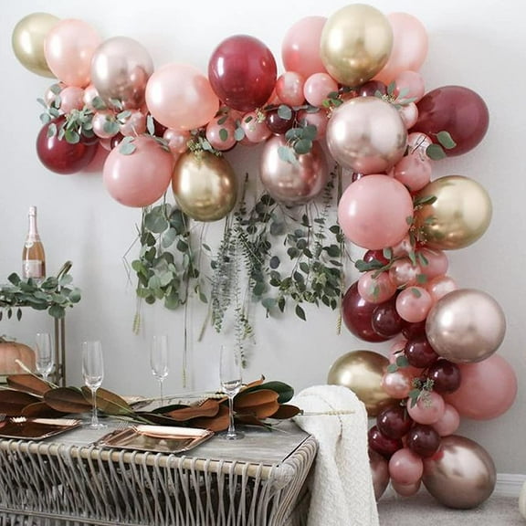 MMTX Wine Red Balloon Arch Kit, Retro Pink Balloon Garland Kit, Rose Gold Burgundy Latex Balloon Gold Metallic Balloon with Palm Leaves for Wedding Birthday Bride To Be Graduation Party Decoration