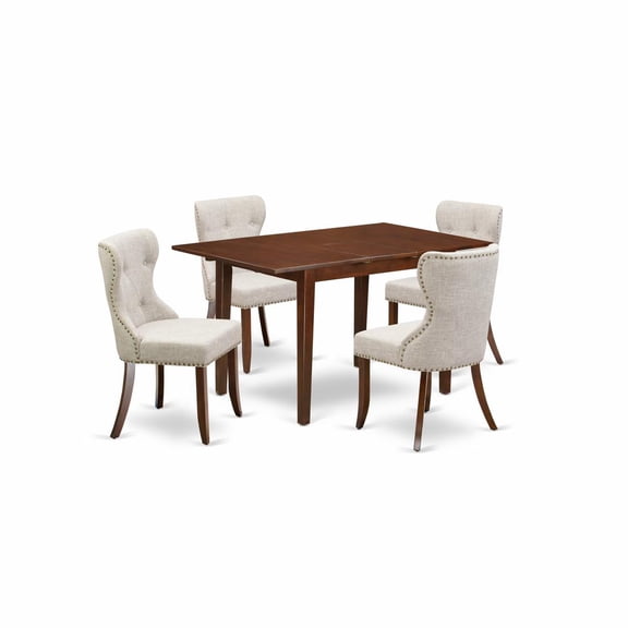 East West Furniture East-West Furniture PSSI5-MAH-35 - A kitchen table set of 4 amazing dining room chairs using Linen Fabric Doeskin color and a fantastic 12" butterfly leaf rectangle wooden...