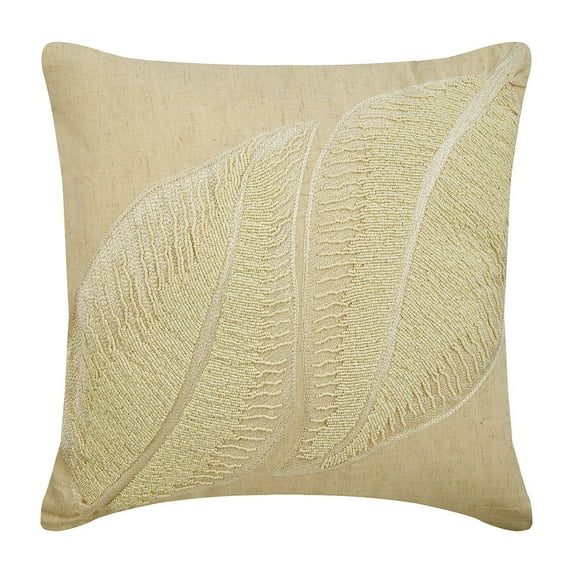 Pillow Cover, Linen Throw Pillow Cover, Square Pearl Embroidery Floral Leaf Pillow 24x24 inch (60x60 cm) Natural Linen Pillow Cover Couch, Bed, Sofa, Beige - Pearl Dazzle