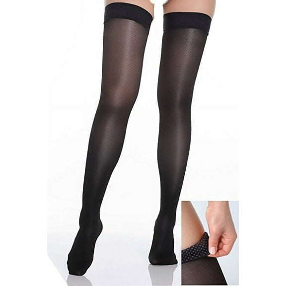 BriteLeafs Sheer Compression Stockings Thigh High Firm Support 20-30 mmHg, Stay-Up Scilicone band, Closed Toe - Small, Black