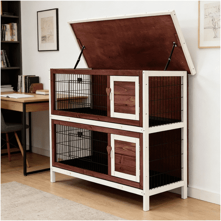 Elevated Rabbit Hutch for Indoor Outdoor Small Pets Two Story Wooden Bunny Cage with Slide Out Trays Brown White Pet House for Daily Rest and Play