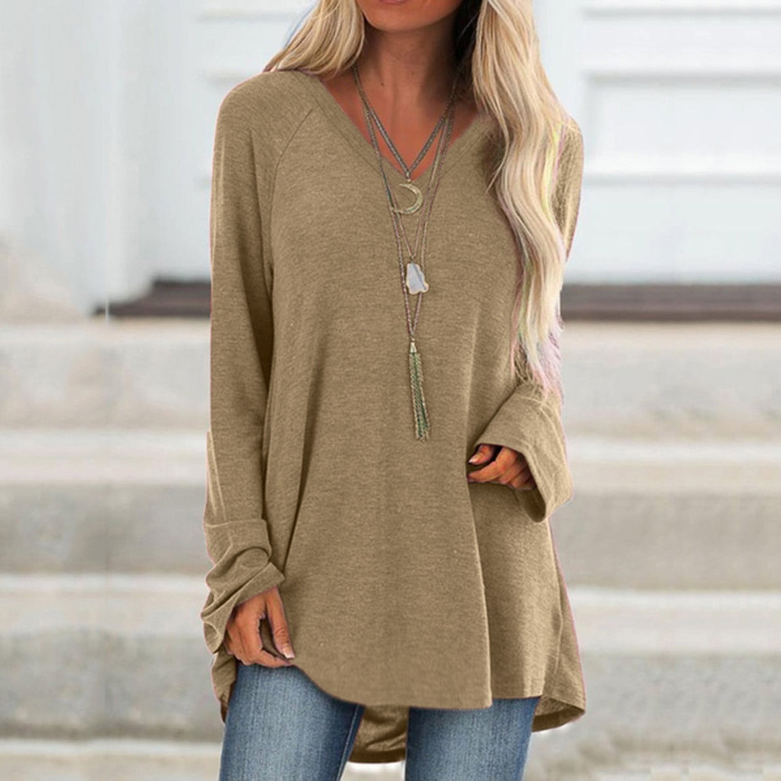 Women Long Sleeve V Neck Button T Shirt Casual Solid Blouse Loose Tunic Tops USA 
