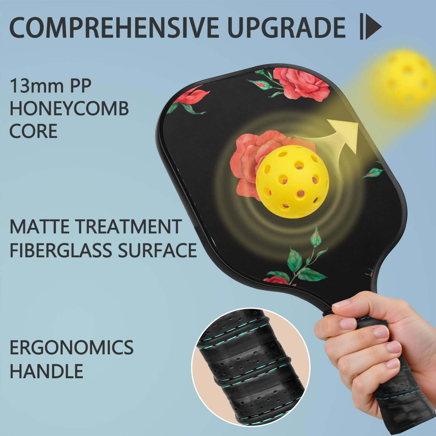 Pickleball Paddles Set Of 1, Fiberglass Surface, Rose Flowers Print, 1 Paddle, 2 Balls & Bag