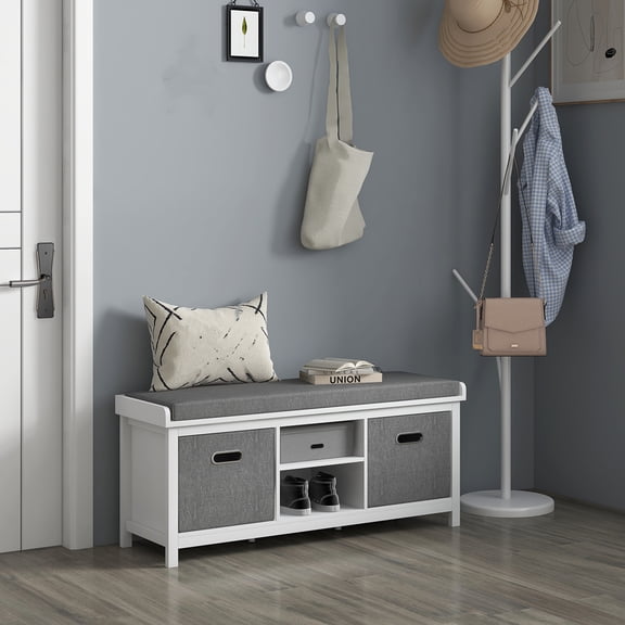 Dtwnek Upholstered Seat Bench with 2 Drawers and Shelf, Wood Frame Storage Bench for Entryway, Hallway, Living Room, Bedroom, White