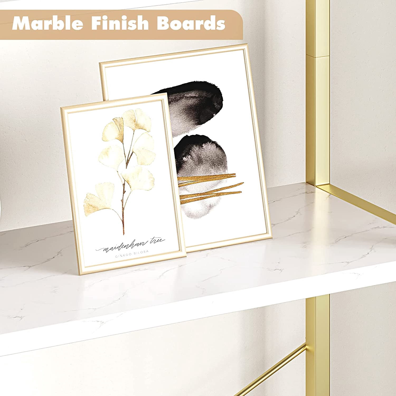 IdealHouse Arched 5-Tier Bookshelf, Modern Bookcase with Gold Metal Frame, Tall Wood Storage Shelf for Living Room, Bedroom, Home Office, Easy Assembly, White