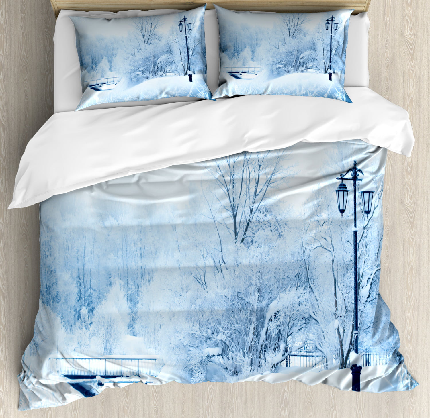 Winter Duvet Cover Set, Winter Trees in Wonderland Theme Christmas New Year Scenery Freezing Icy