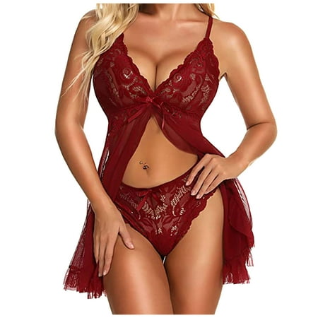 Puntoco Plus Size Nightdress Clearance Women Mesh Lingerie Lace V-Neck Nightgown Babydoll Underwear Sleepwear Nightdress +Panties Wine XL(XL)