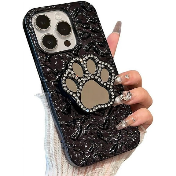 for iPhone Case,Luxury ElectroPlated Water Ripple with Paw Make Up Mirror Kickstand Silicone Camera Lens Protection Soft Shockproof Phone Case (Black,iPhone 14)