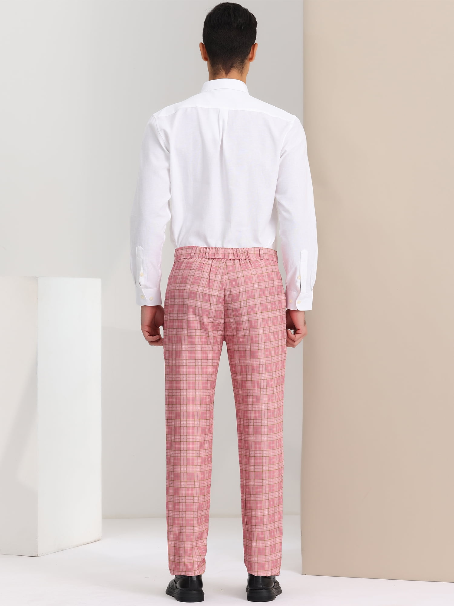 Unique Bargains Men's Dress Pants Casual Flat Front Stretch Business Plaid Pants 30 Pink White