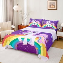 Manfei Cute Cartoon Unicorn Twin Sheet Sets,Colorful Rainbow Stripe Twin Fitted Sheet,Gold Stars Print Flat Sheet For Girls,Luxury Bedroom Decor,3-Piece