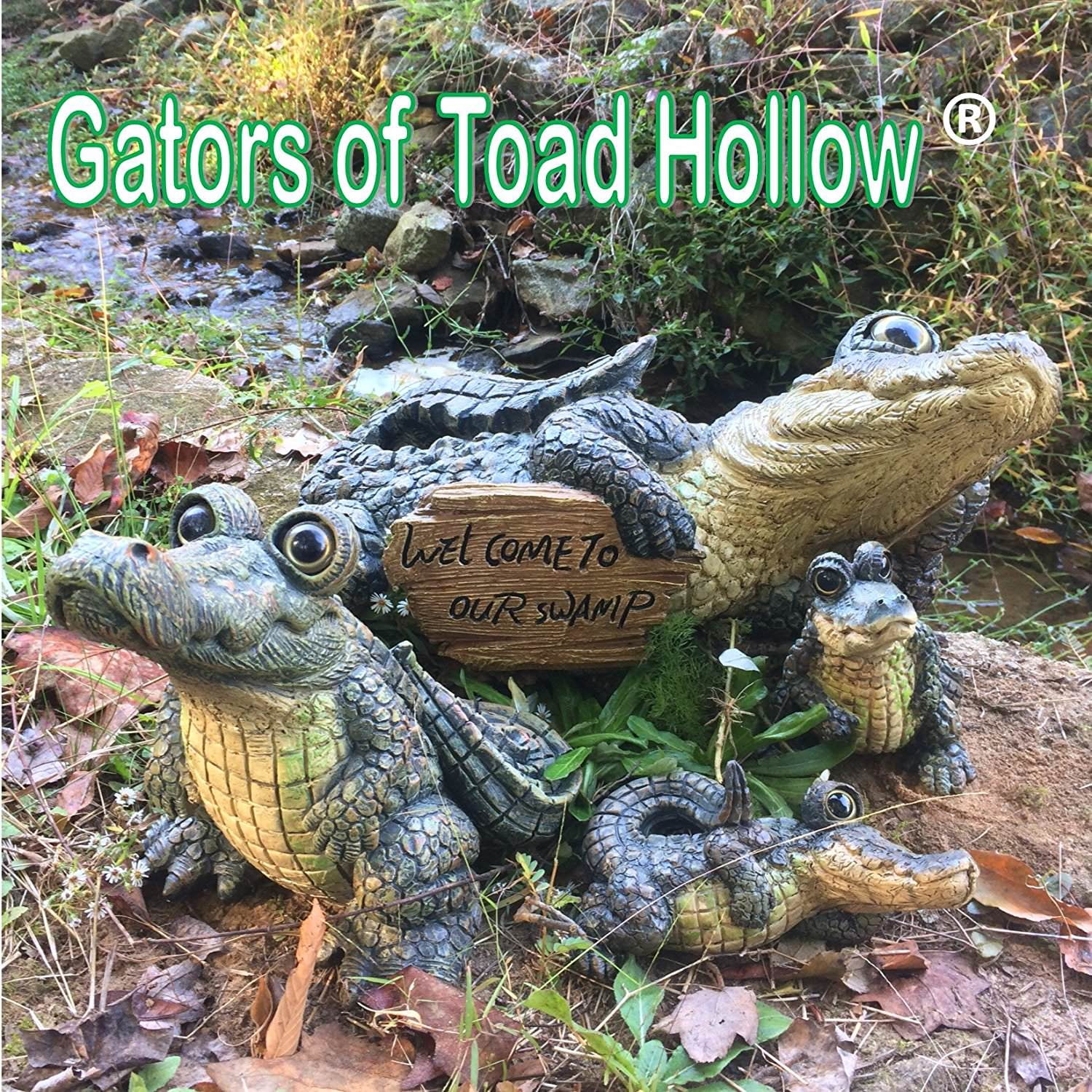 Homestyles Toad Hollow Extra Large Standing Gator with "Enter at Your Own Risk" Sign Alligator Beach Garden Statue 15"H