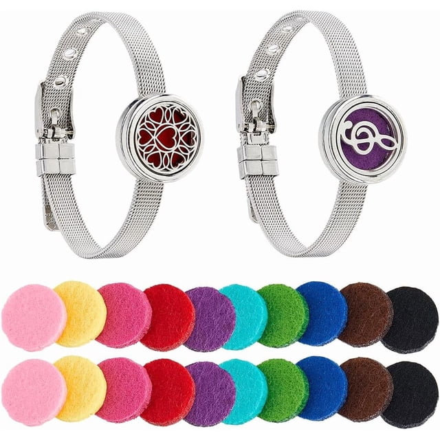 2 Styles Essential Oil Diffuser Bracelet 8.82 inch Stainless Steel Watch Band Bracelets Aromatherapy Locket Adjustable Bracelet with 20Pcs Washable Refill Pads for Women Men Friends