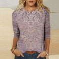 thumbnail image 2 of CYMMPU Floral Printed 3/4 Length Sleeve Summer Fall Basic Tees Dressy Tunic Tops Crewneck Business Work Blouses Casual Shirts 2025 Clothes for Women Purple M, 2 of 5