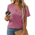 thumbnail image 4 of QUNYINEY Casual Shirts for Women V Neck Solid Short Sleeve Tops Loose Pullover Ribbed Cut Out Button Shirts, 4 of 8