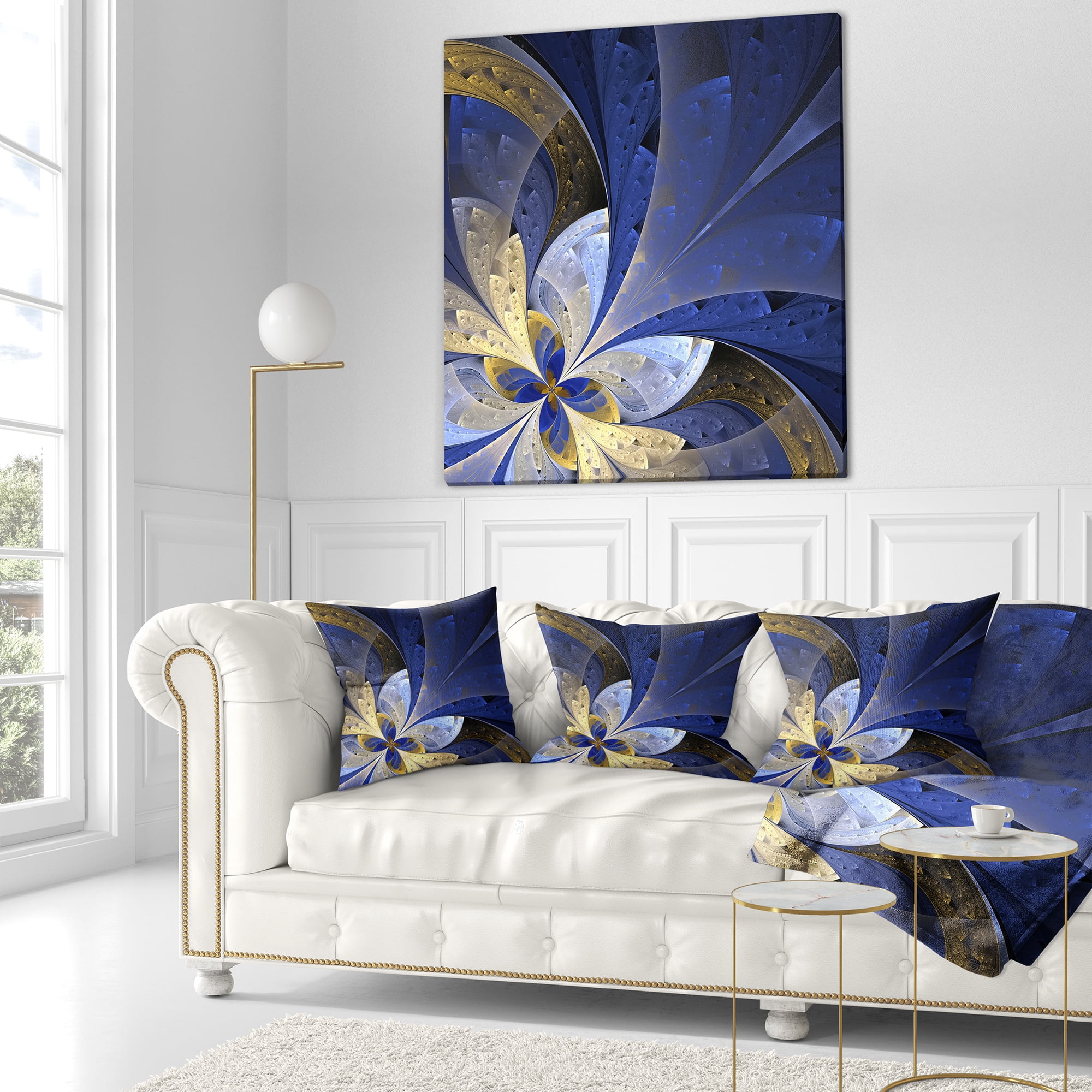 Designart Blue and Yellow Large Fractal Pattern - Floral Throw Pillow - 16x16