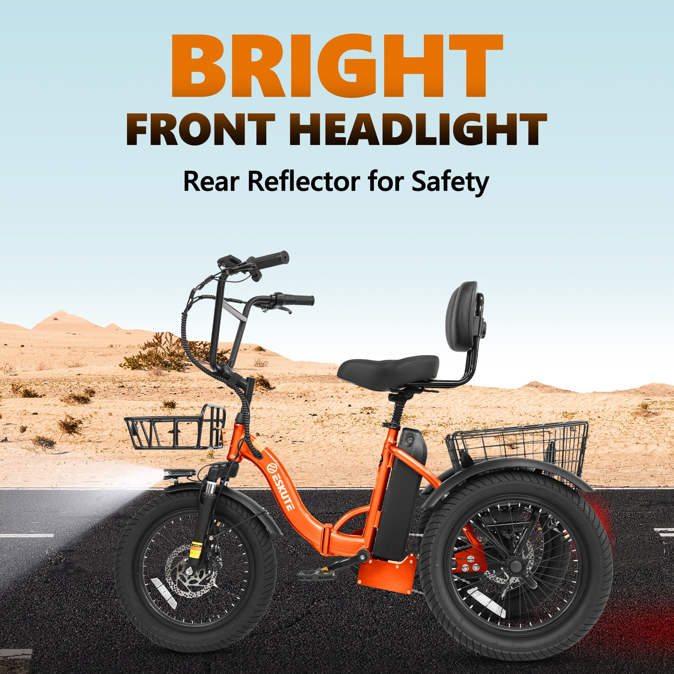 ESKUTE Orange E Trike Electric Bike, Peak 1200W Brushless Motor Folding Trike 18X3.0 Fat Tire Ebike, 499Wh Removable Battery, Step-Thru 3 Wheel Electric Bicycle, 48V 13AH 18MPH+ Tricycle for Adults