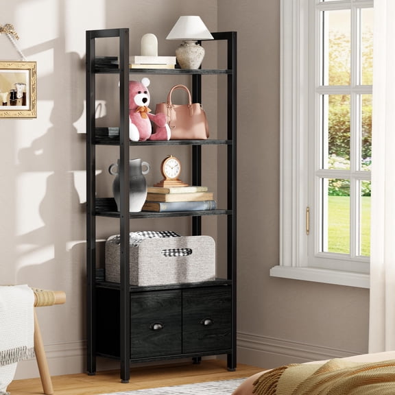 Iezza 5 Tier Black Bookshelf with 2 Removable Drawers, Freestanding Storage Shelf, Adjustable Feet & Anti-Tip Design, Waterproof Shelves for Living Room, Home Office
