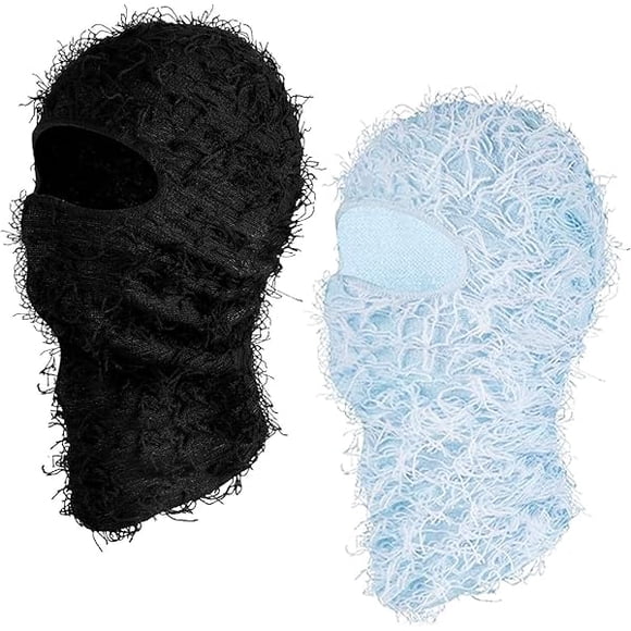 AoVoTo 2 Pack Distressed Balaclava Ski Mask Shiesty Yeat Knitted Balaclava Full Face Ski Mask Fuzzy Ski Mask for Cold Weather
