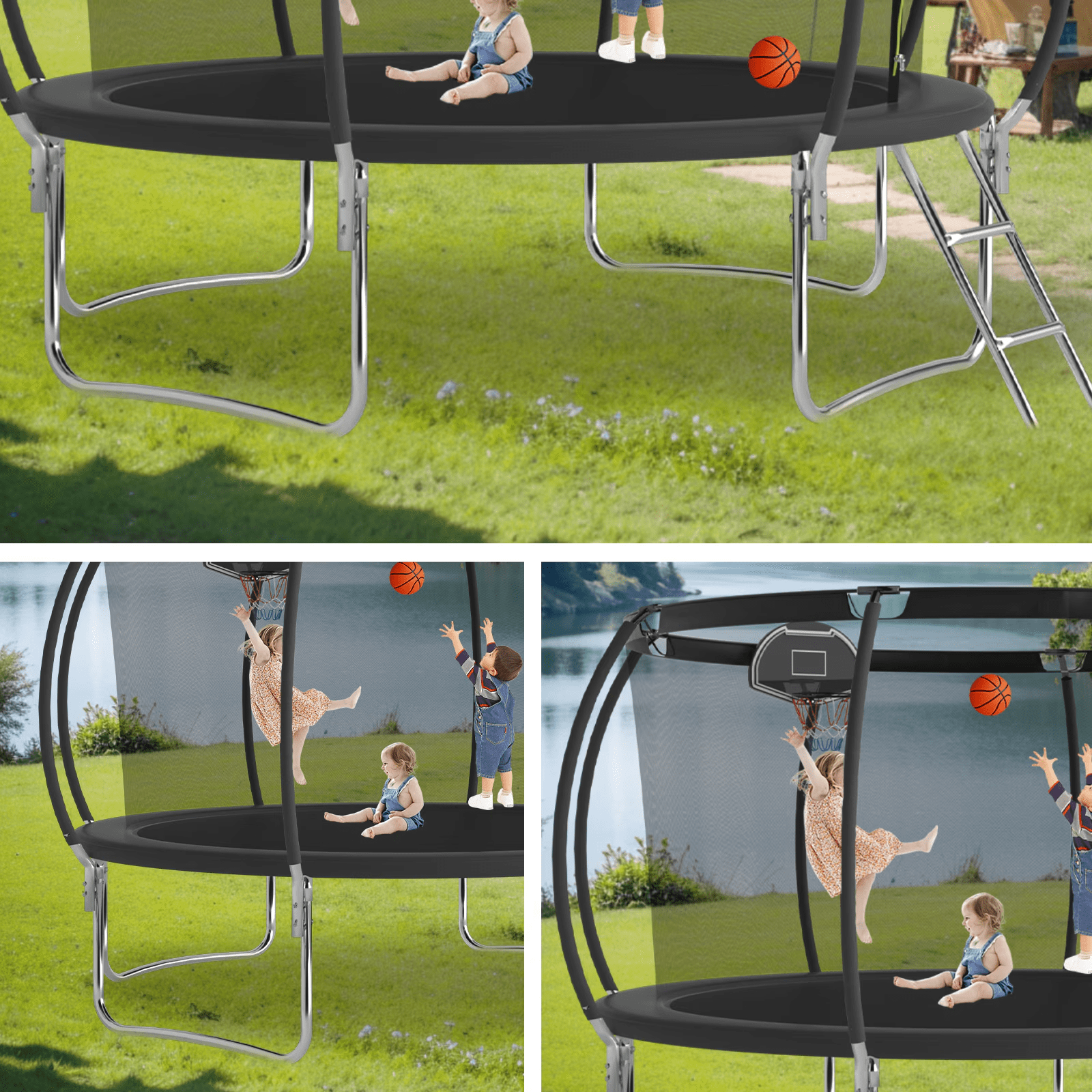 Seizeen Outdoor Kids Trampoline, 12FT Large Trampoline with Basketball Hoop & Enclosure, New Style Round Pumpkin Trampoline Anti-collision Curved Design, Black