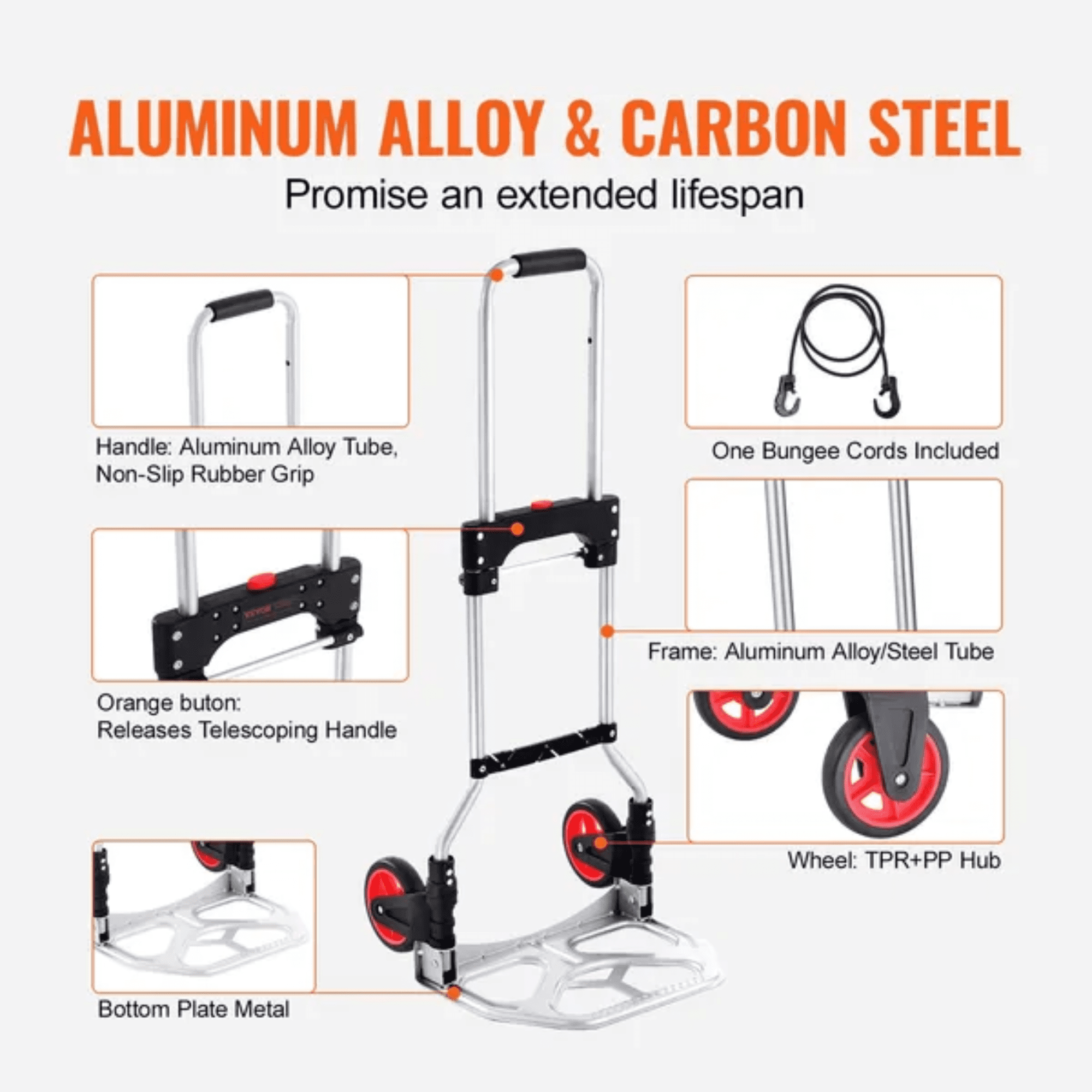 Folding Hand Truck and Dolly, Heavy-Duty Aluminum Foldable Cart with Telescoping Handle and PP+TPR Wheels, 176 lbs Capacity for Home, Office, Shopping, and Travel