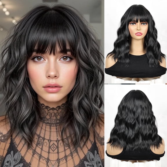 Phocas 12" Short Bob Wigs for Black Women Water Wavy Wig Synthetic Black Wig with Bangs