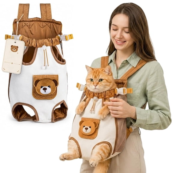 Cat Front Carrier Backpack, Cute Bear Design Pet Travel Bag with Breathable Mesh, Hands Free Chest Carrier with Safety Leash and Adjustable Straps for Small Cats Dogs Walking Trips