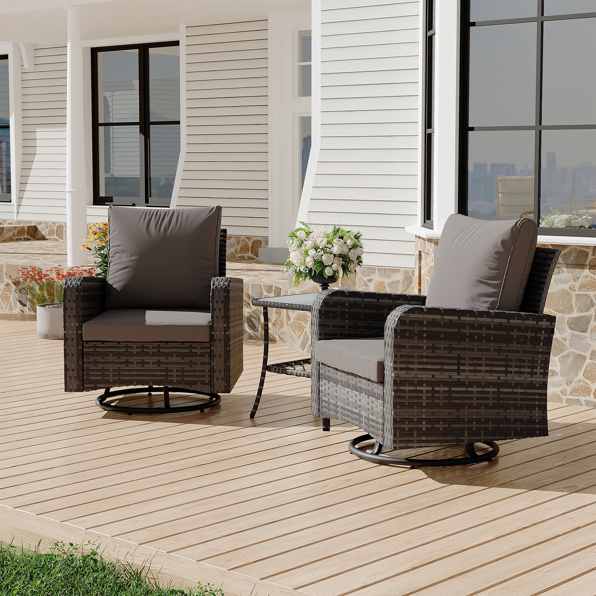 Homrest 3 Piece Outdoor Swivel Chairs -All Weather Wicker Patio bistro table and chairs set of 2 Small Patio Furniture Set for Balcony Porch Deck Backyard (Grey)
