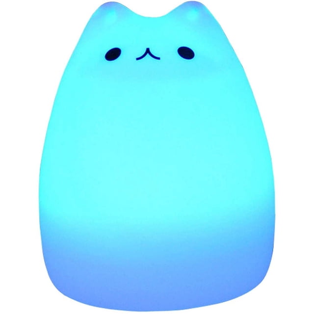 Lámpara de noche para niños con 7 luces LED de silicona de colores con forma de gato, recargable vía USB, para escritorio, mesita de noche, dormitorio, estudio