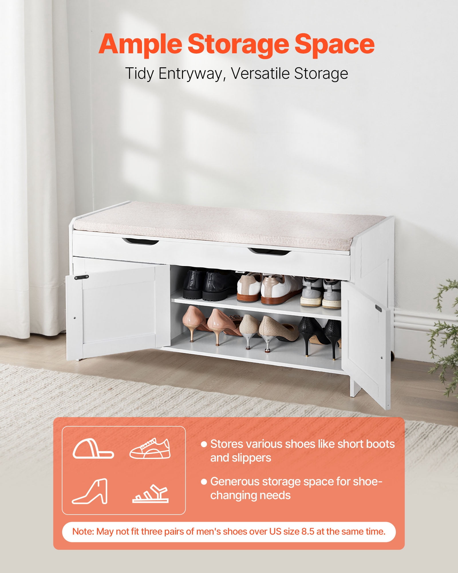 VEVOR Shoe Bench, 41.3 x 13.8 x 19.8 Inch Entryway Bench with Lift Top Storage and Seat Cushion, 250lbs Shoe Rack with 3 Cabinets and Height Adjustable Shelf, for Bedroom,Hallway, White + Black