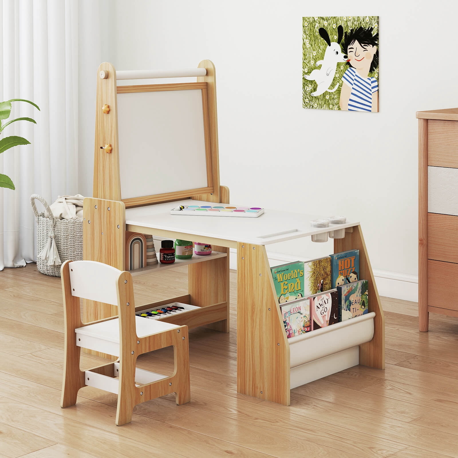 Costway Kids Art Table and Chair Set with Easel & Chair Whiteboard & Chalkboard Paper Roll Natural + White