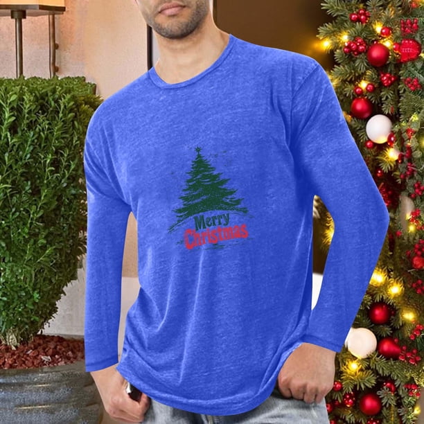 Blusas y camisas de manga larga con cuello redondo para hombre, deportivas, fitness, hogar, pijamas navideños estampados, camiseta de manga larga con cuello redondo, blusa de poliéster para hombre